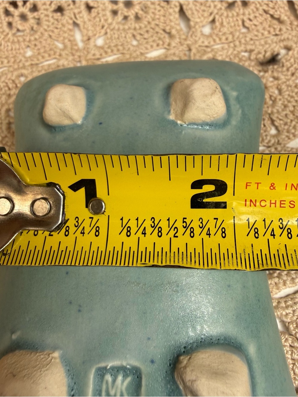 Vintage Studio Pottery Pillow Ikebana Vase Flower Frog Stamped MK Blue Teal - Picture 10 of 11
